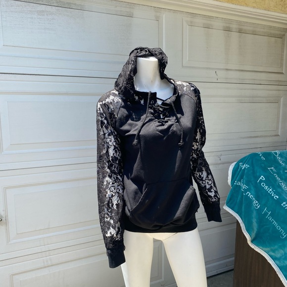 xjf=mc Tops Black Lace Goth Emo Black Hoodie With Lace Hood And